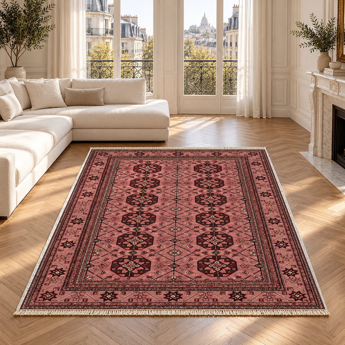 Ersari Lattice Faded Pink washable rug in a Paris living room