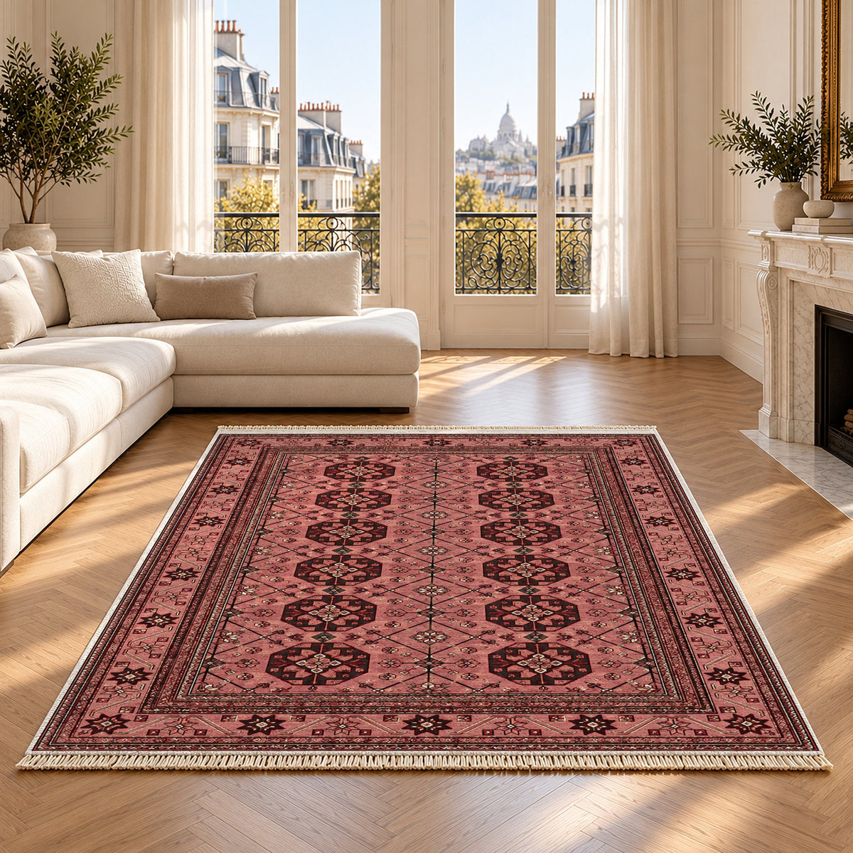 Ersari Lattice Faded Pink washable rug on an oak floor