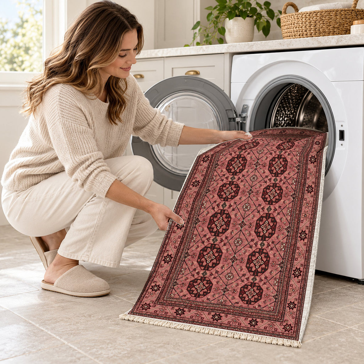 Ersari Lattice Faded Pink washable rug being loaded into a washing machine