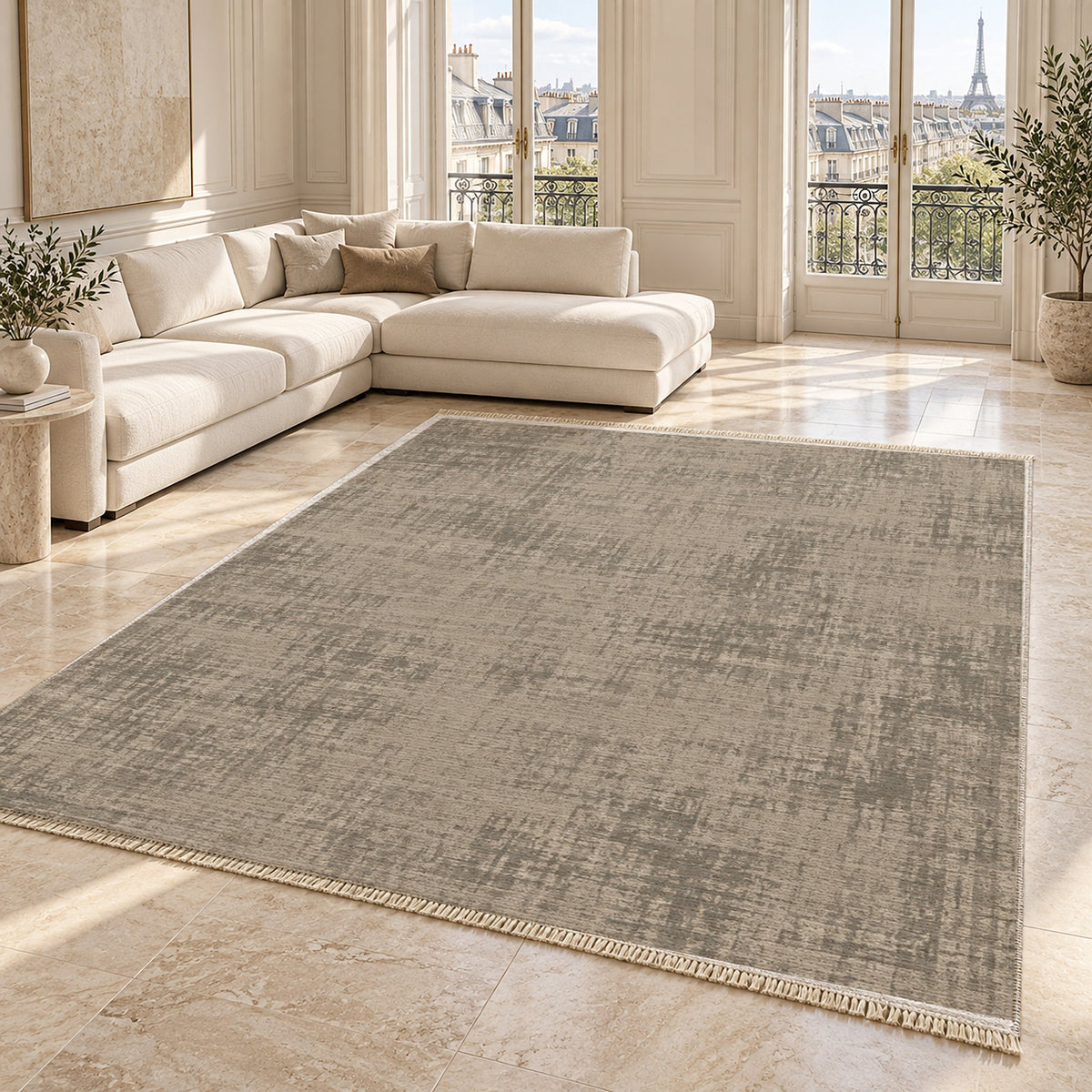 Faded Burlap Greige & Stone washable rug angled room view on marble