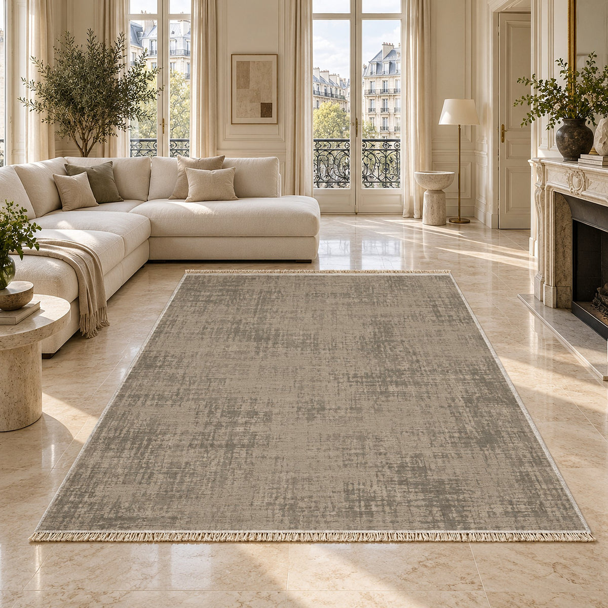 Faded Burlap Greige & Stone washable rug on a marble floor