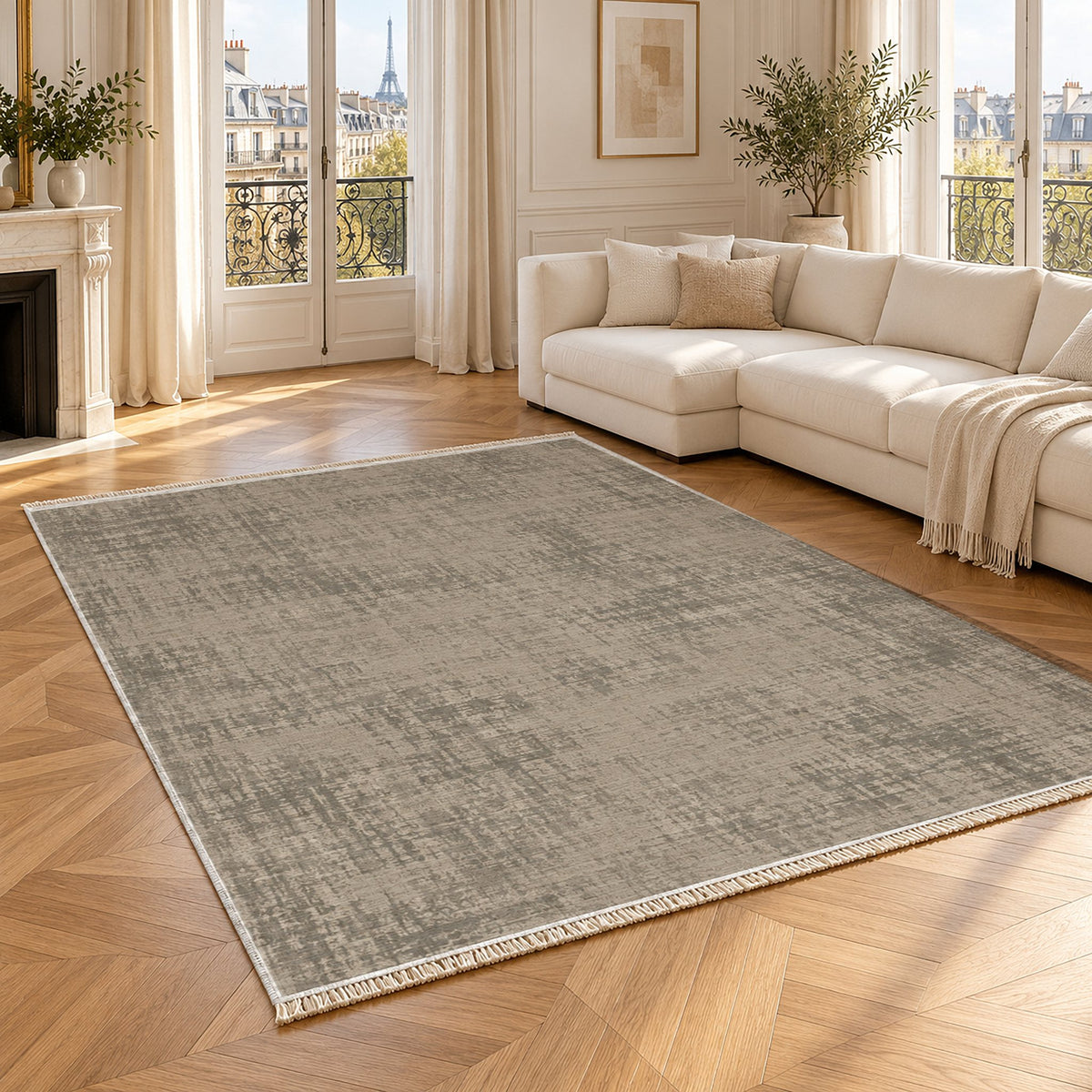 Faded Burlap Greige & Stone washable rug angled room view