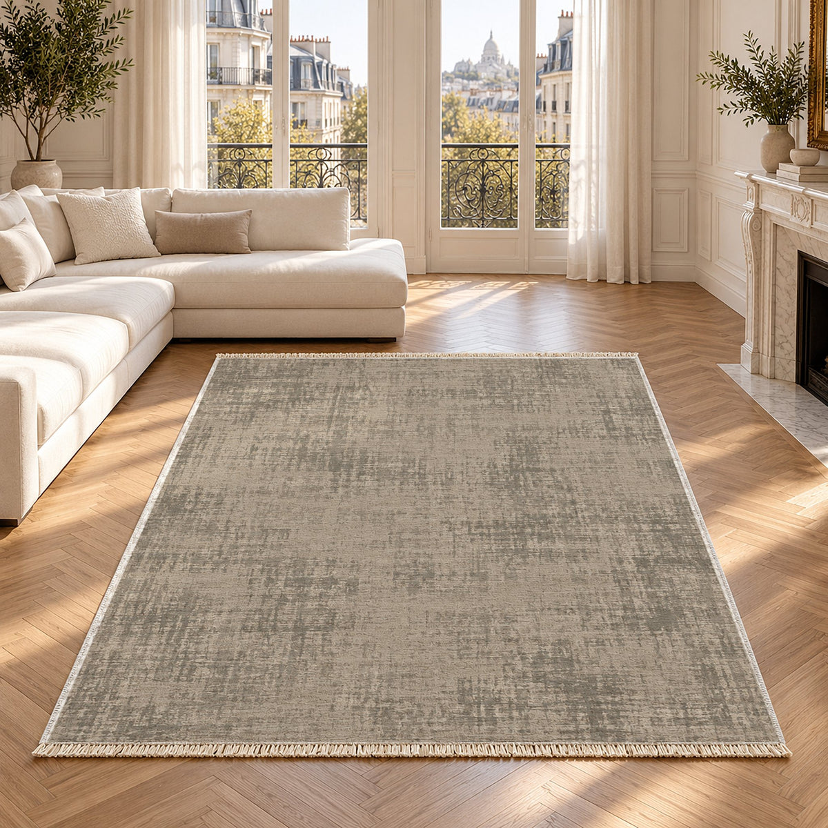 Faded Burlap Greige & Stone washable rug in a Paris living room