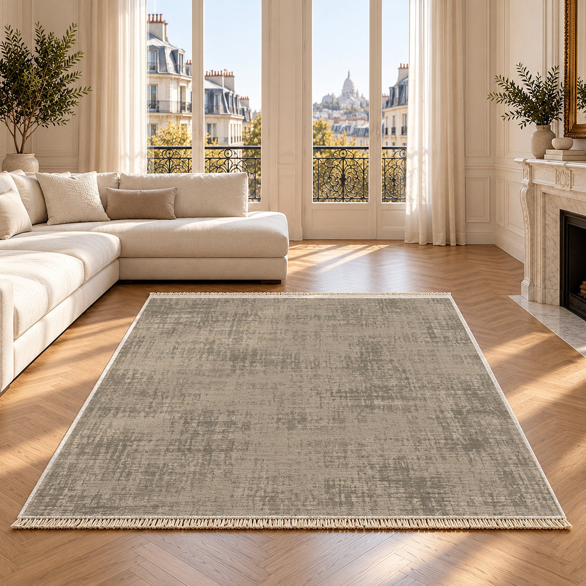 Faded Burlap Greige & Stone washable rug on an oak floor