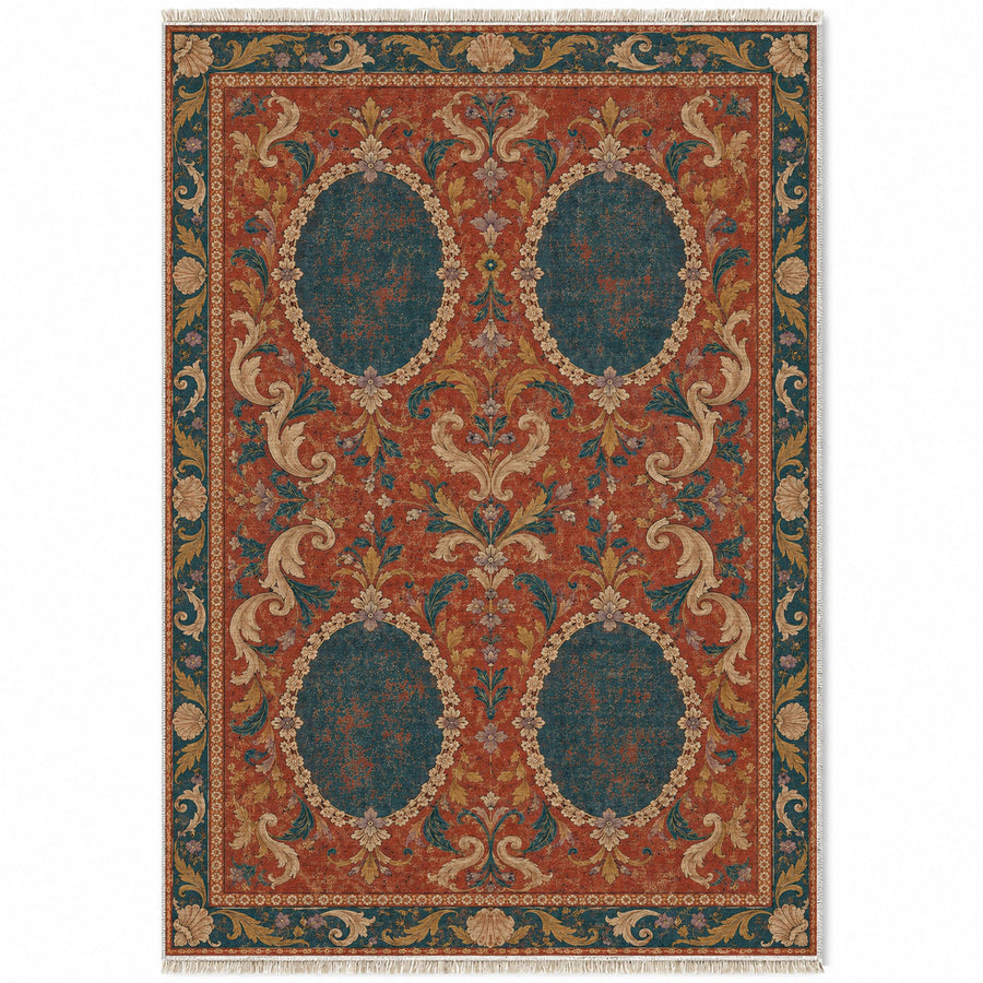 Faded Cameo Silhouettes Brick & Petrol Distressed Washable Rug
