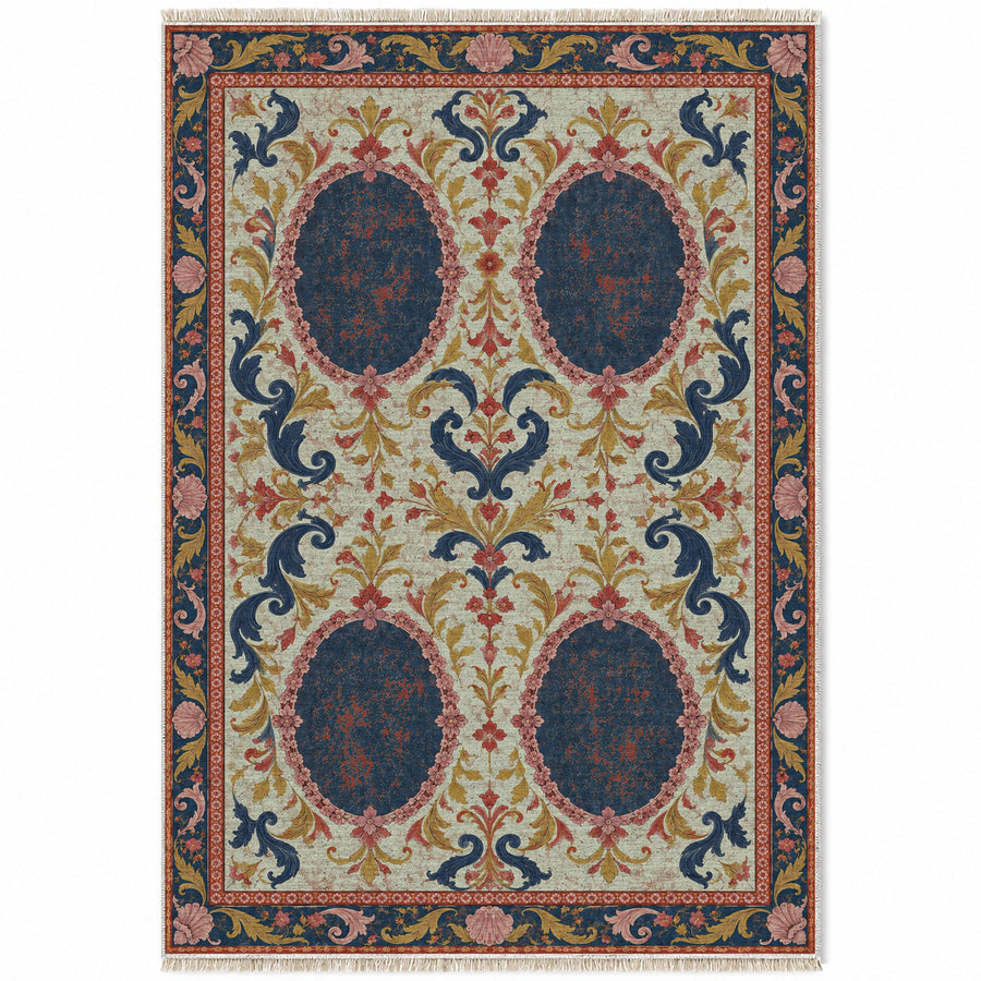 Faded Cameo Silhouettes Glacier, Ink & Vermilion Distressed Washable Rug