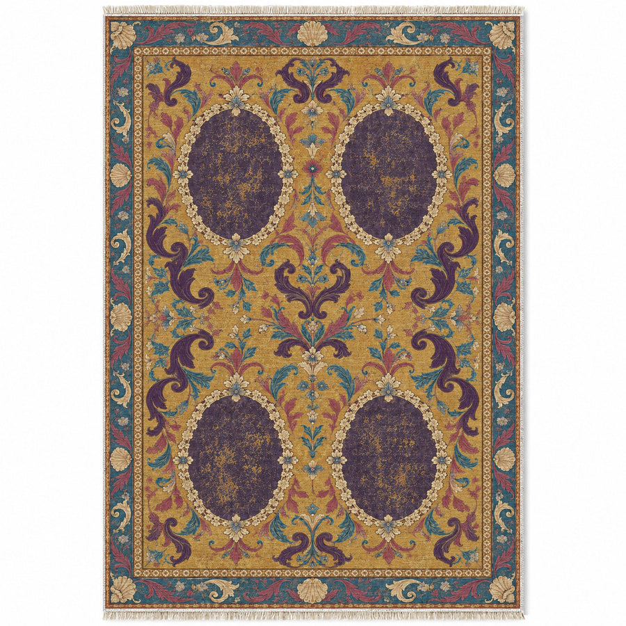 Faded Cameo Silhouettes Golden, Plum & Azure Distressed Washable Rug