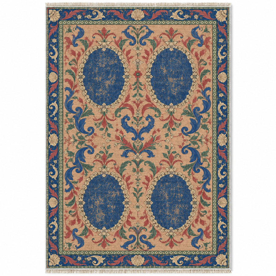 Faded Cameo Silhouettes Peach, Cobalt & Jade Distressed Washable Rug