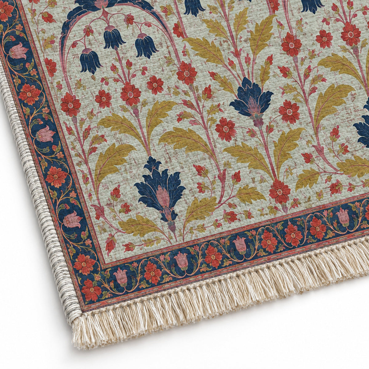 Faded Floral Arcades Glacier, Ink & Vermilion washable rug close-up of the printed chenille