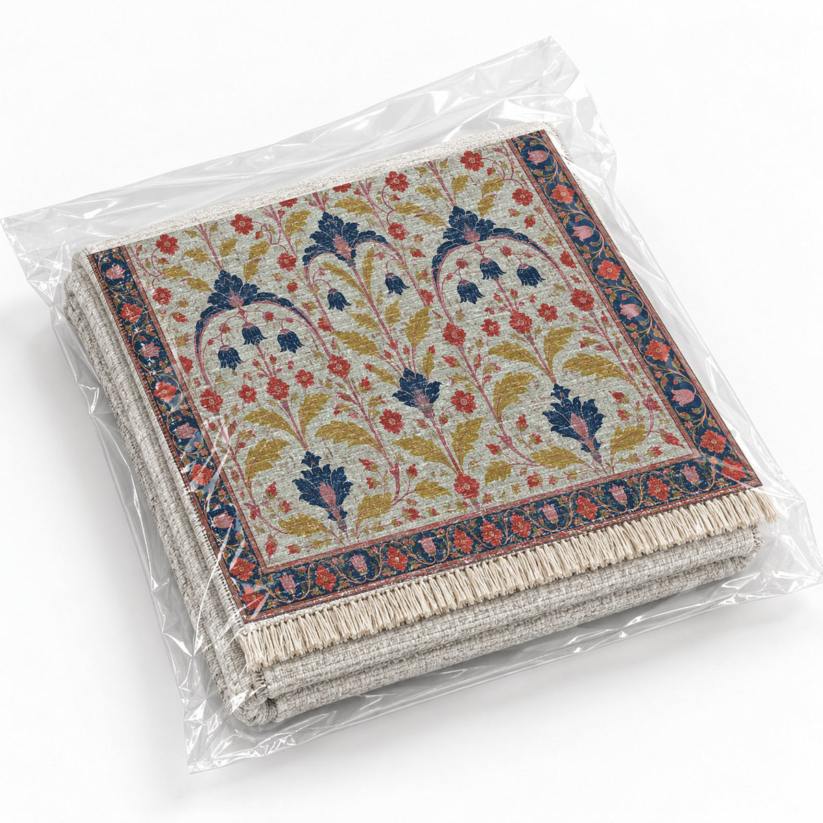 Faded Floral Arcades Glacier, Ink & Vermilion washable rug rolled and packaged