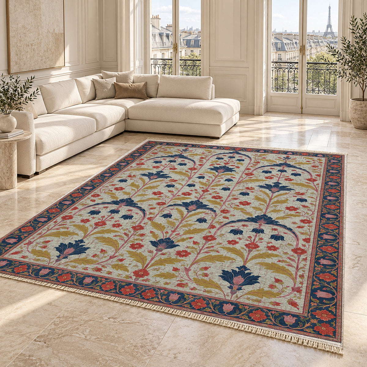 Faded Floral Arcades Glacier, Ink & Vermilion washable rug angled room view on marble