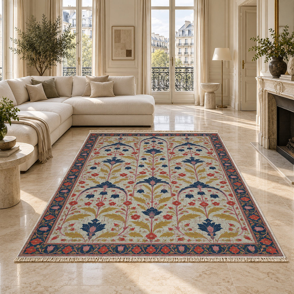 Faded Floral Arcades Glacier, Ink & Vermilion washable rug on a marble floor
