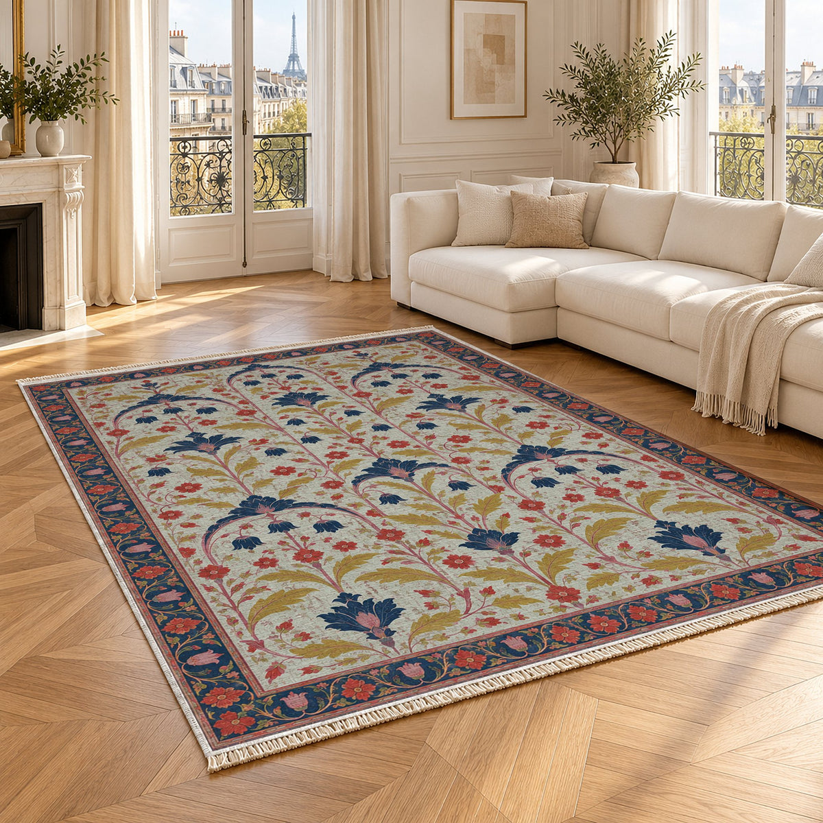 Faded Floral Arcades Glacier, Ink & Vermilion washable rug angled room view