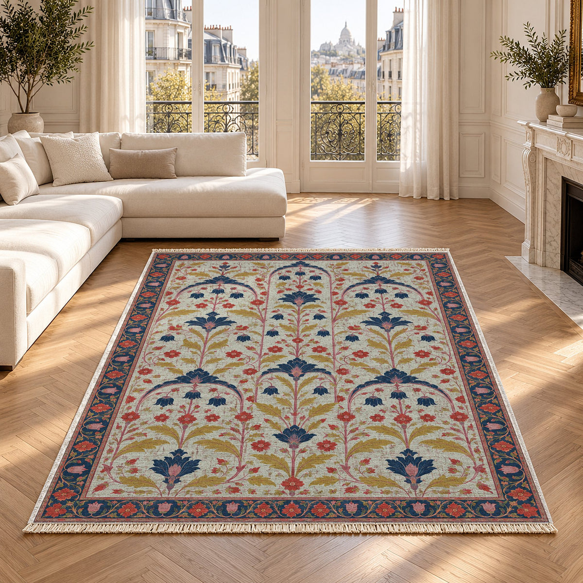 Faded Floral Arcades Glacier, Ink & Vermilion washable rug in a Paris living room