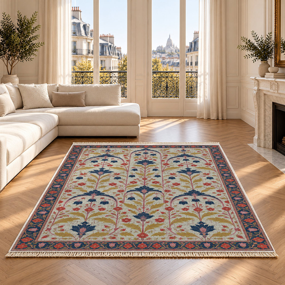 Faded Floral Arcades Glacier, Ink & Vermilion washable rug on an oak floor
