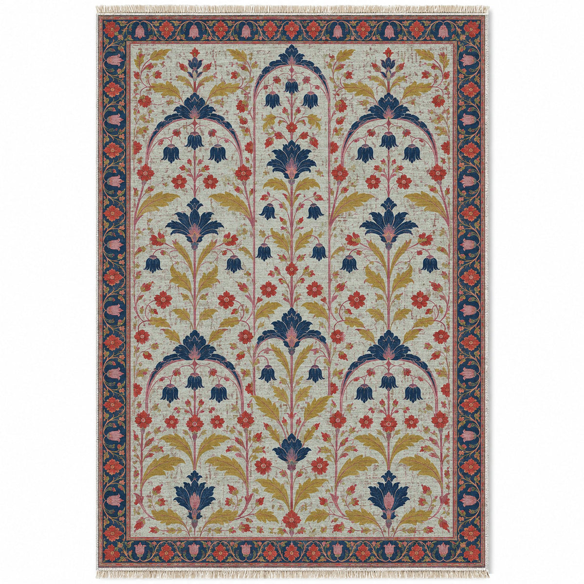 Faded Floral Arcades Glacier, Ink & Vermilion washable rug top view