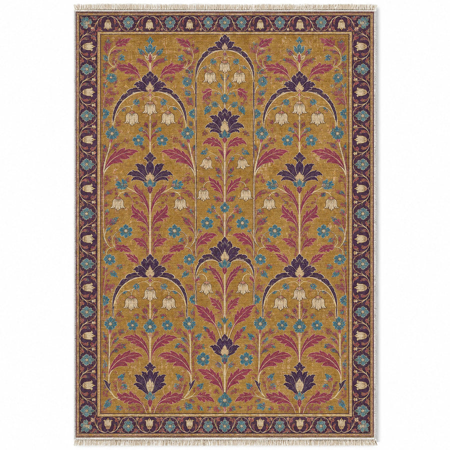 Faded Floral Arcades Golden, Plum & Azure Distressed Washable Rug