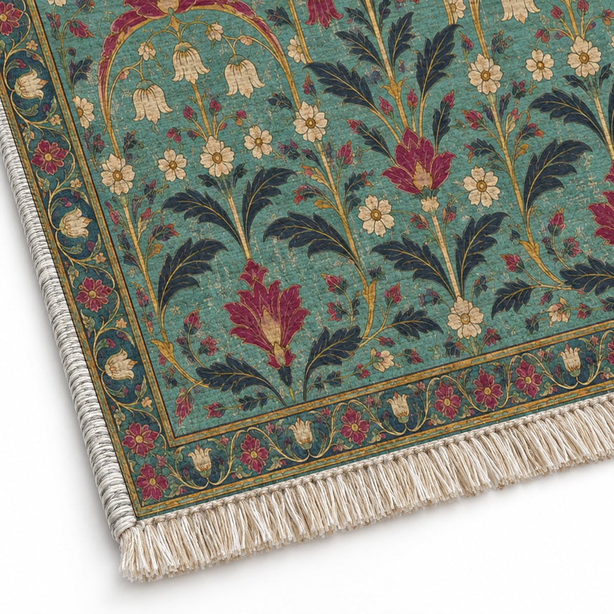 Faded Floral Arcades Lagoon & Berry washable rug close-up of the printed chenille