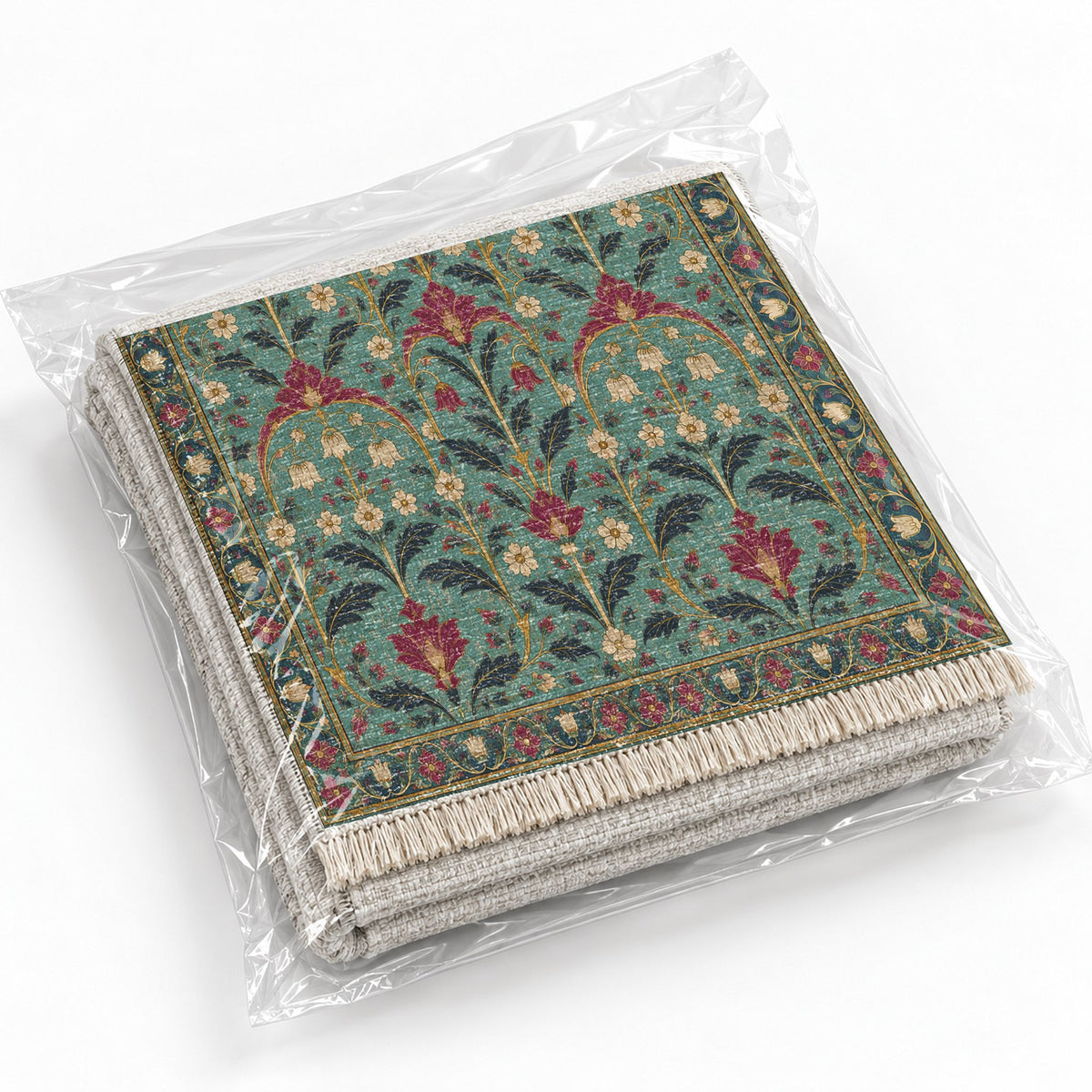 Faded Floral Arcades Lagoon & Berry washable rug rolled and packaged