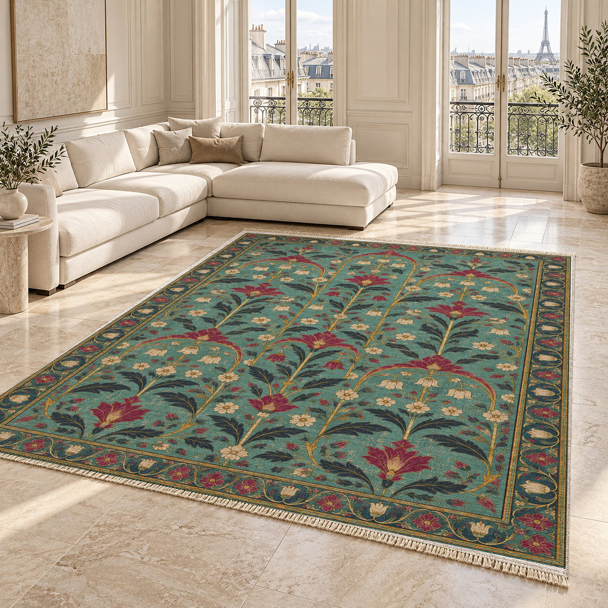 Faded Floral Arcades Lagoon & Berry washable rug angled room view on marble
