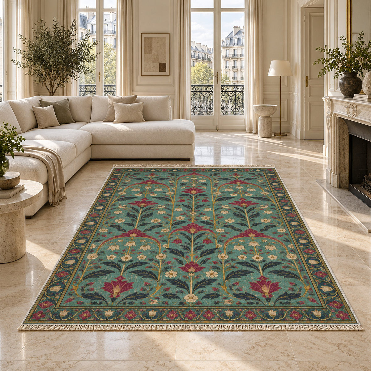 Faded Floral Arcades Lagoon & Berry washable rug on a marble floor