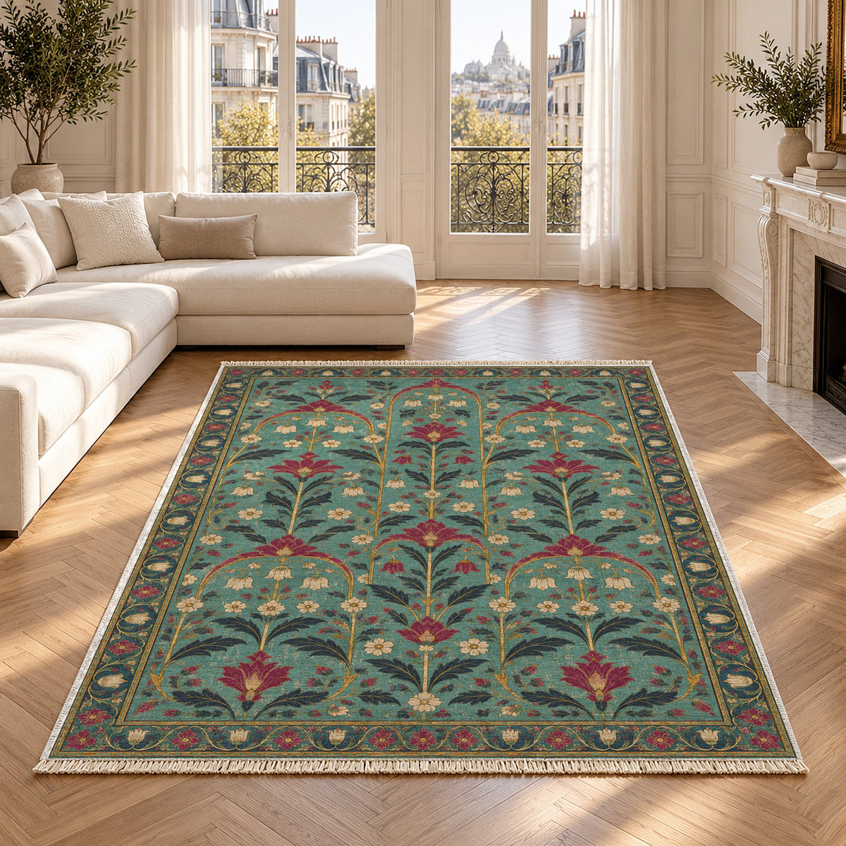 Faded Floral Arcades Lagoon & Berry washable rug in a Paris living room