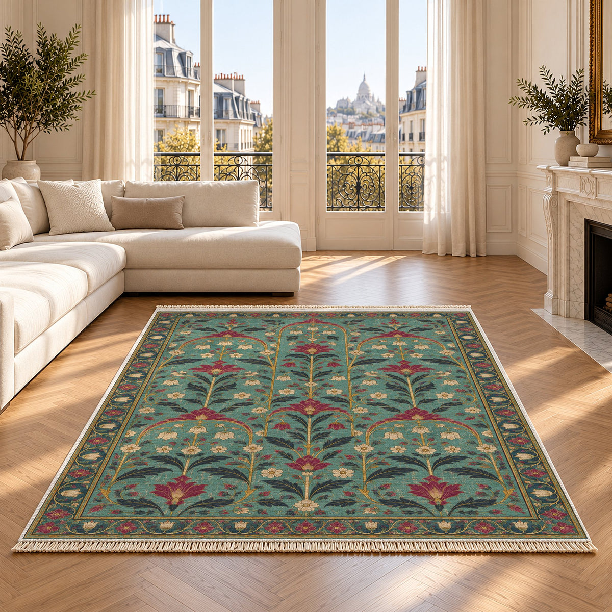 Faded Floral Arcades Lagoon & Berry washable rug on an oak floor