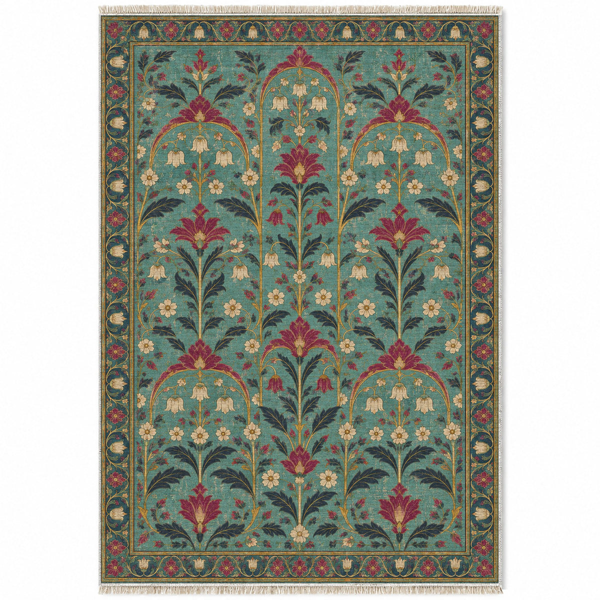 Faded Floral Arcades Lagoon & Berry washable rug top view