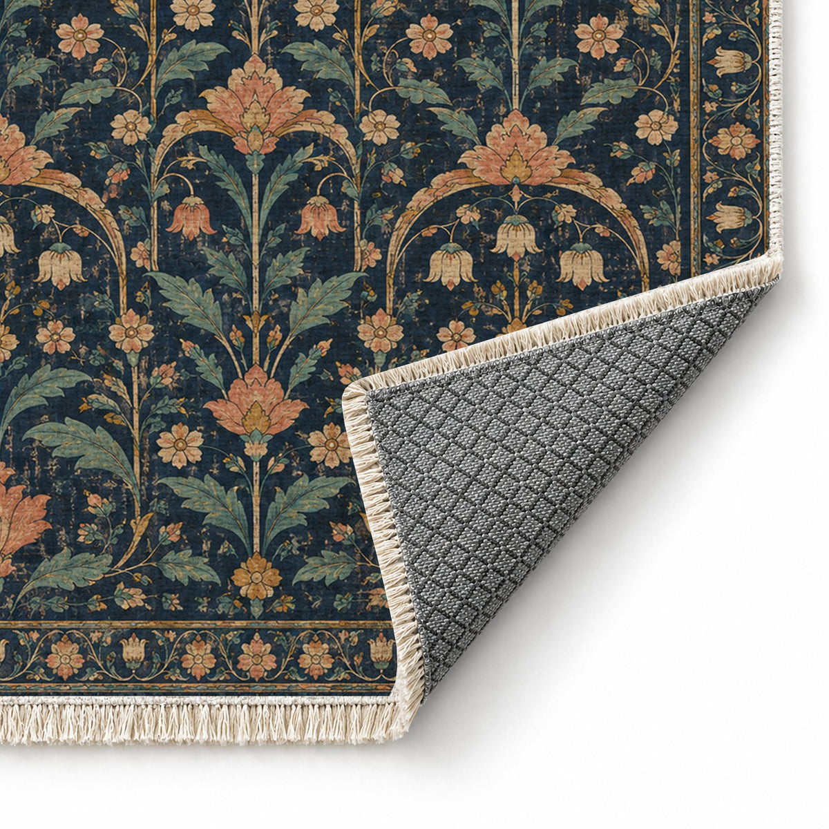 Faded Floral Arcades Midnight & Melon washable rug folded corner showing the backing