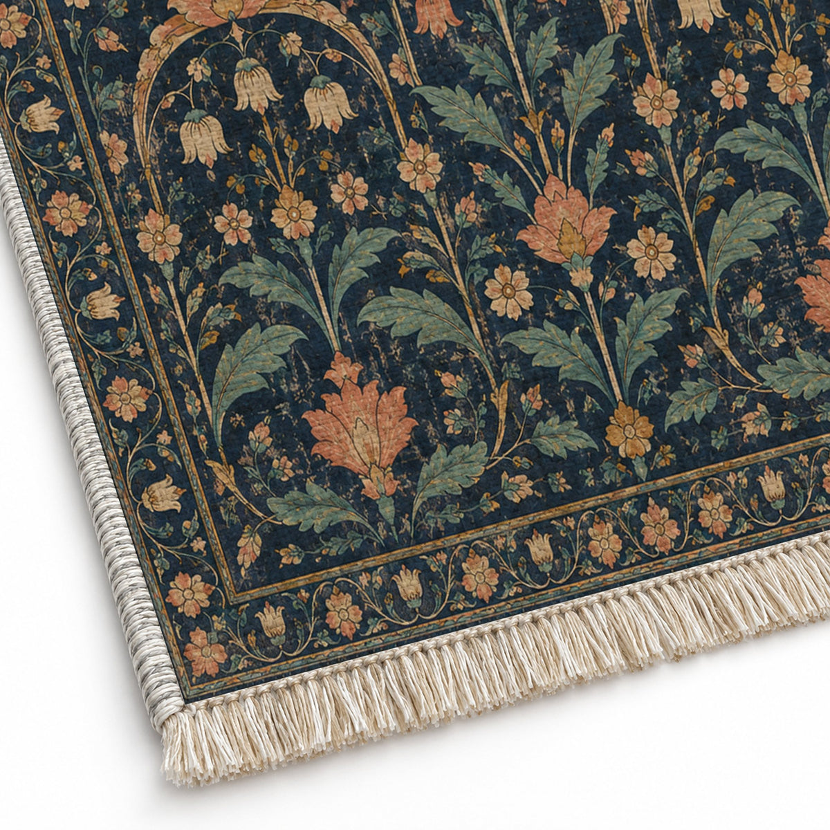 Faded Floral Arcades Midnight & Melon washable rug close-up of the printed chenille
