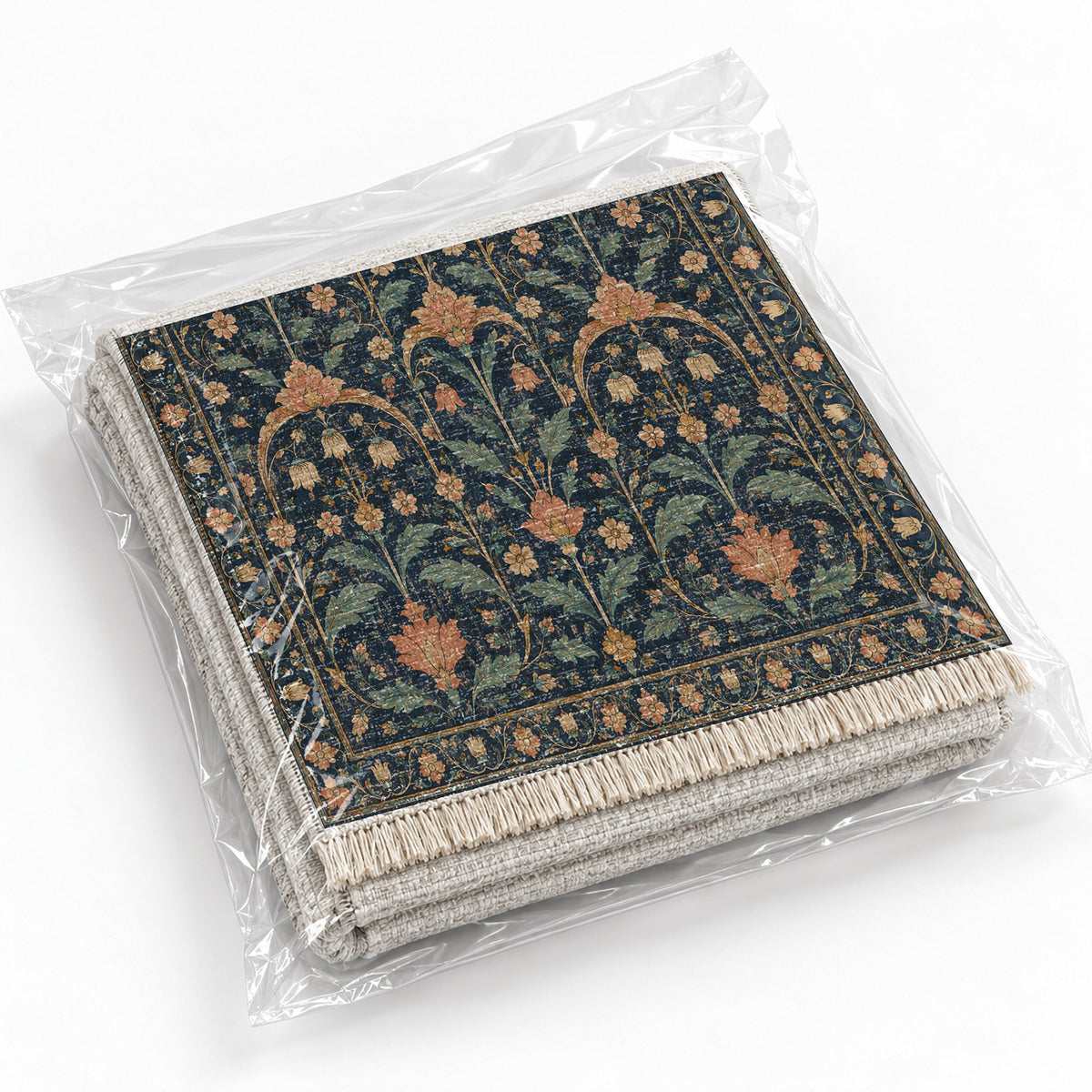 Faded Floral Arcades Midnight & Melon washable rug rolled and packaged