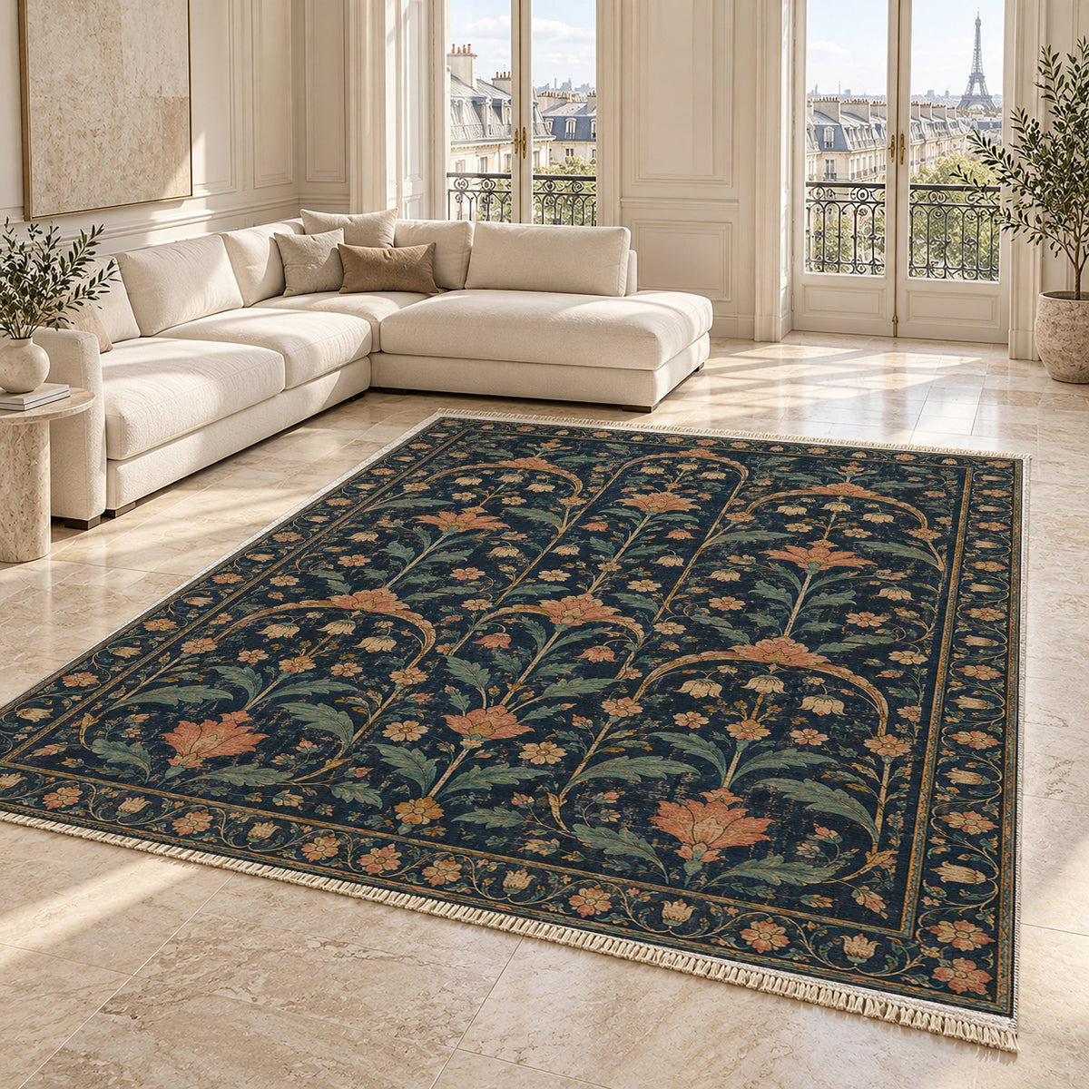 Faded Floral Arcades Midnight & Melon washable rug angled room view on marble