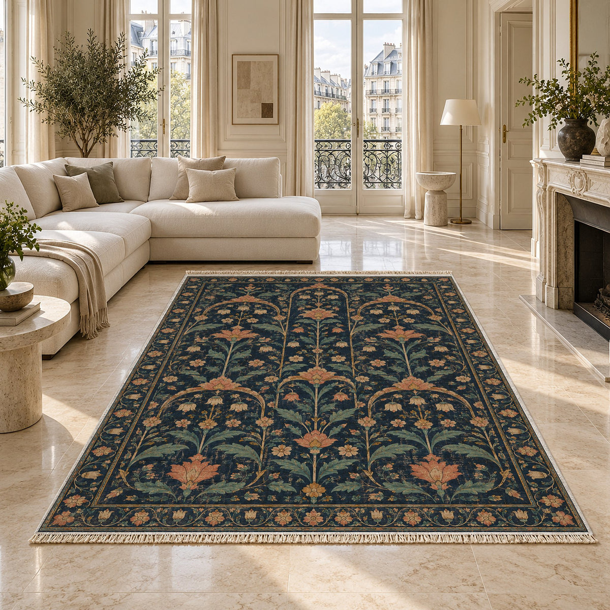 Faded Floral Arcades Midnight & Melon washable rug on a marble floor