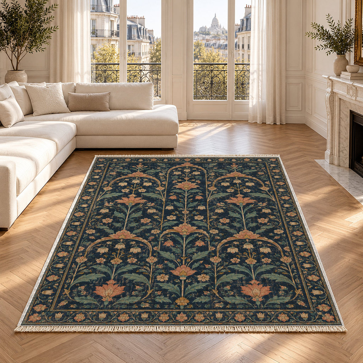 Faded Floral Arcades Midnight & Melon washable rug in a Paris living room