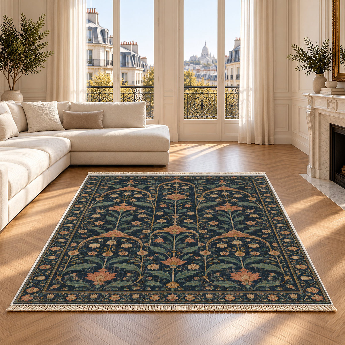 Faded Floral Arcades Midnight & Melon washable rug on an oak floor