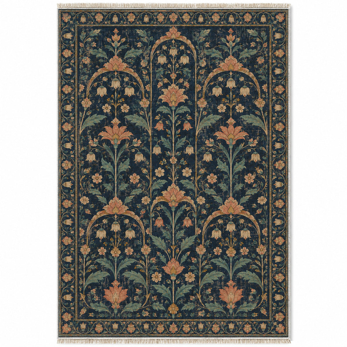 Faded Floral Arcades Midnight & Melon washable rug top view