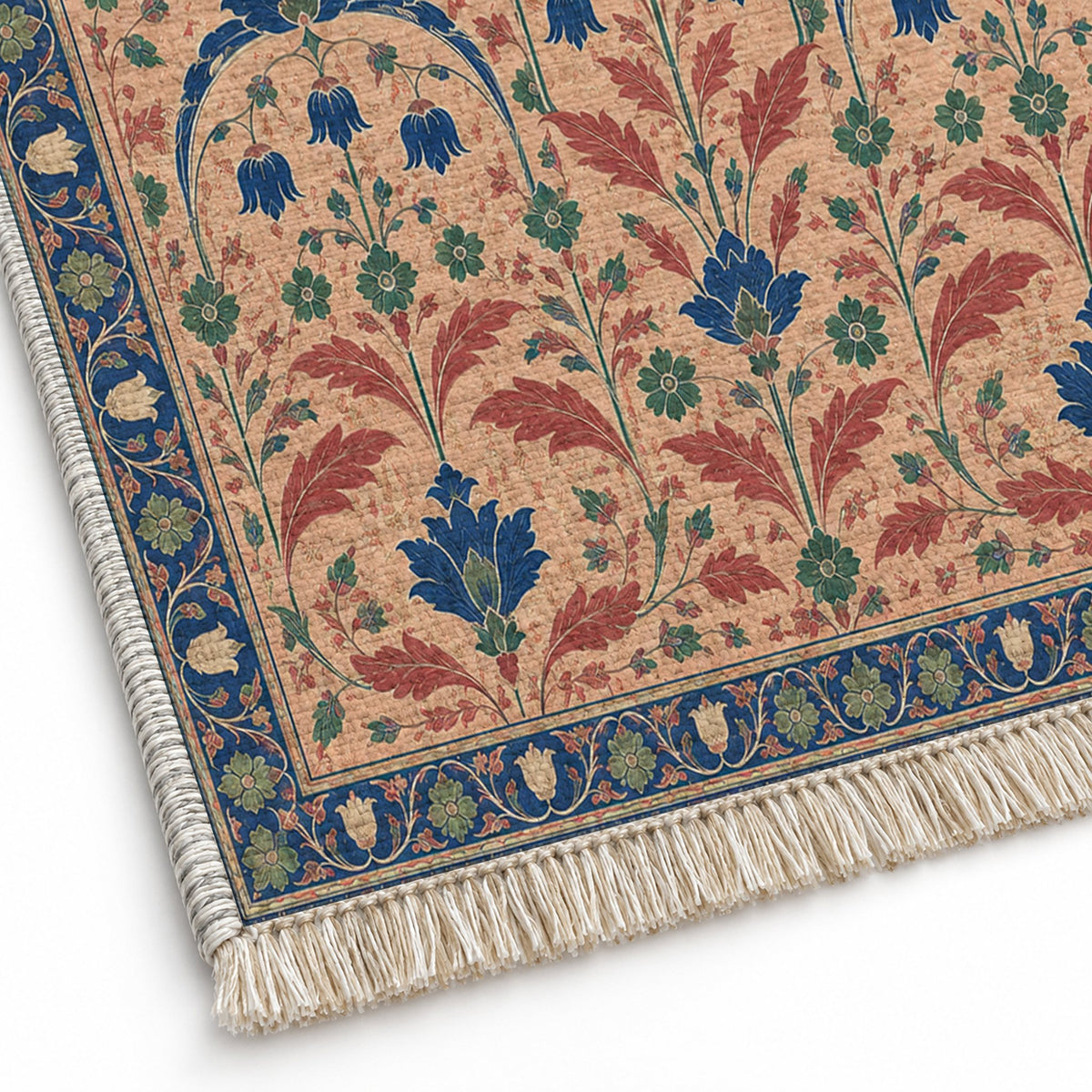 Faded Floral Arcades Peach, Cobalt & Jade washable rug close-up of the printed chenille