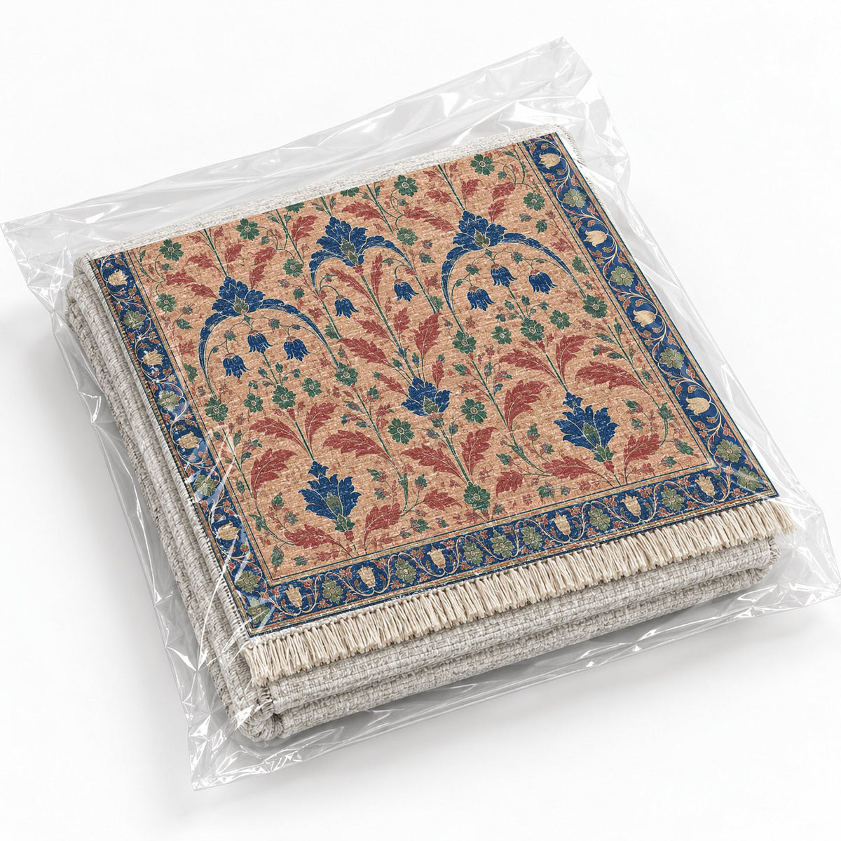 Faded Floral Arcades Peach, Cobalt & Jade washable rug rolled and packaged