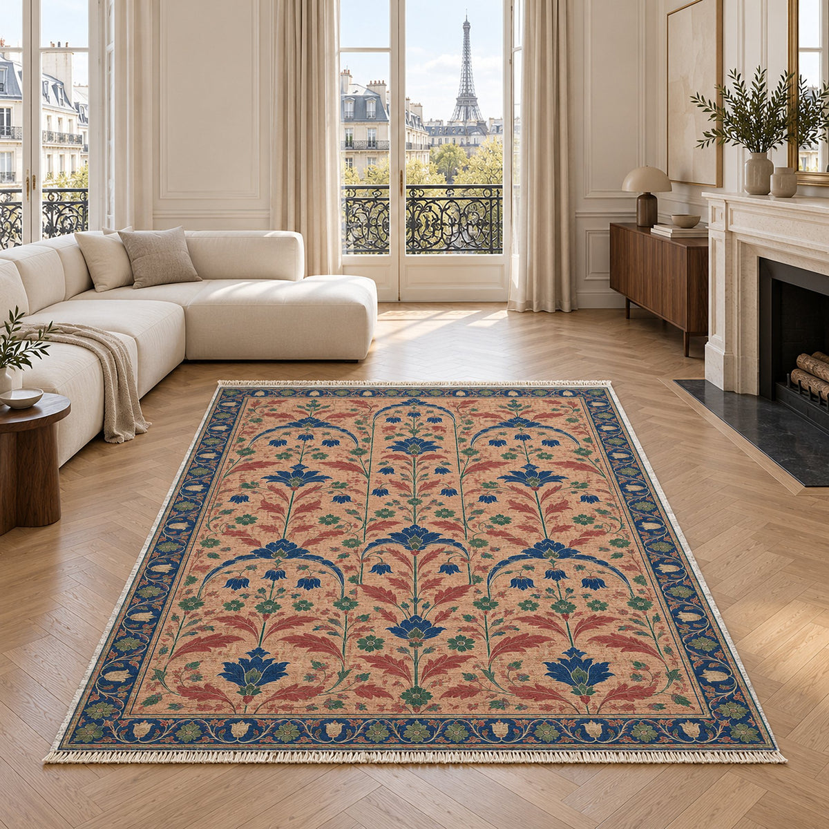 Faded Floral Arcades Peach, Cobalt & Jade washable rug in a living room with an Eiffel Tower view