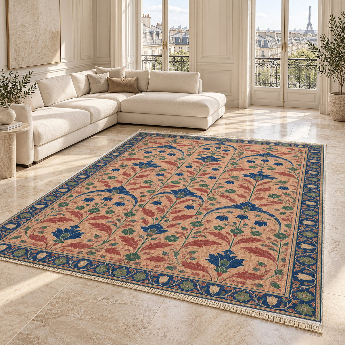Faded Floral Arcades Peach, Cobalt & Jade washable rug angled room view on marble