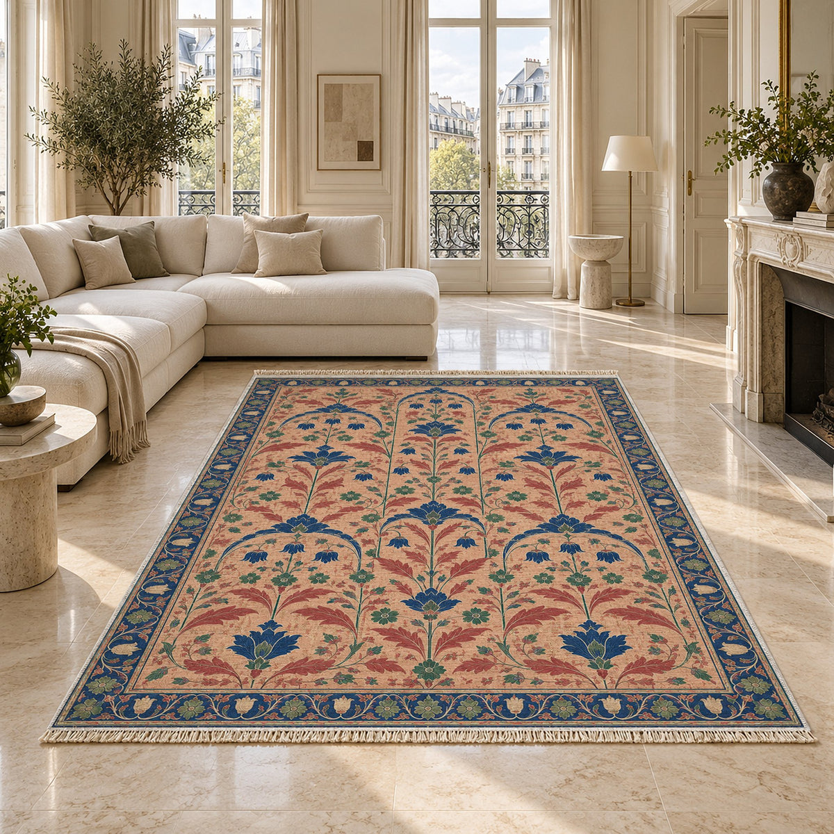 Faded Floral Arcades Peach, Cobalt & Jade washable rug on a marble floor