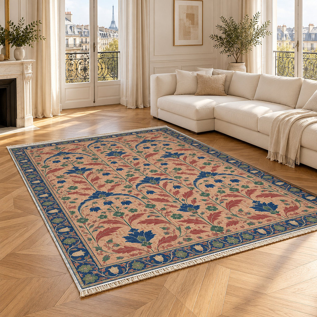 Faded Floral Arcades Peach, Cobalt & Jade washable rug angled room view