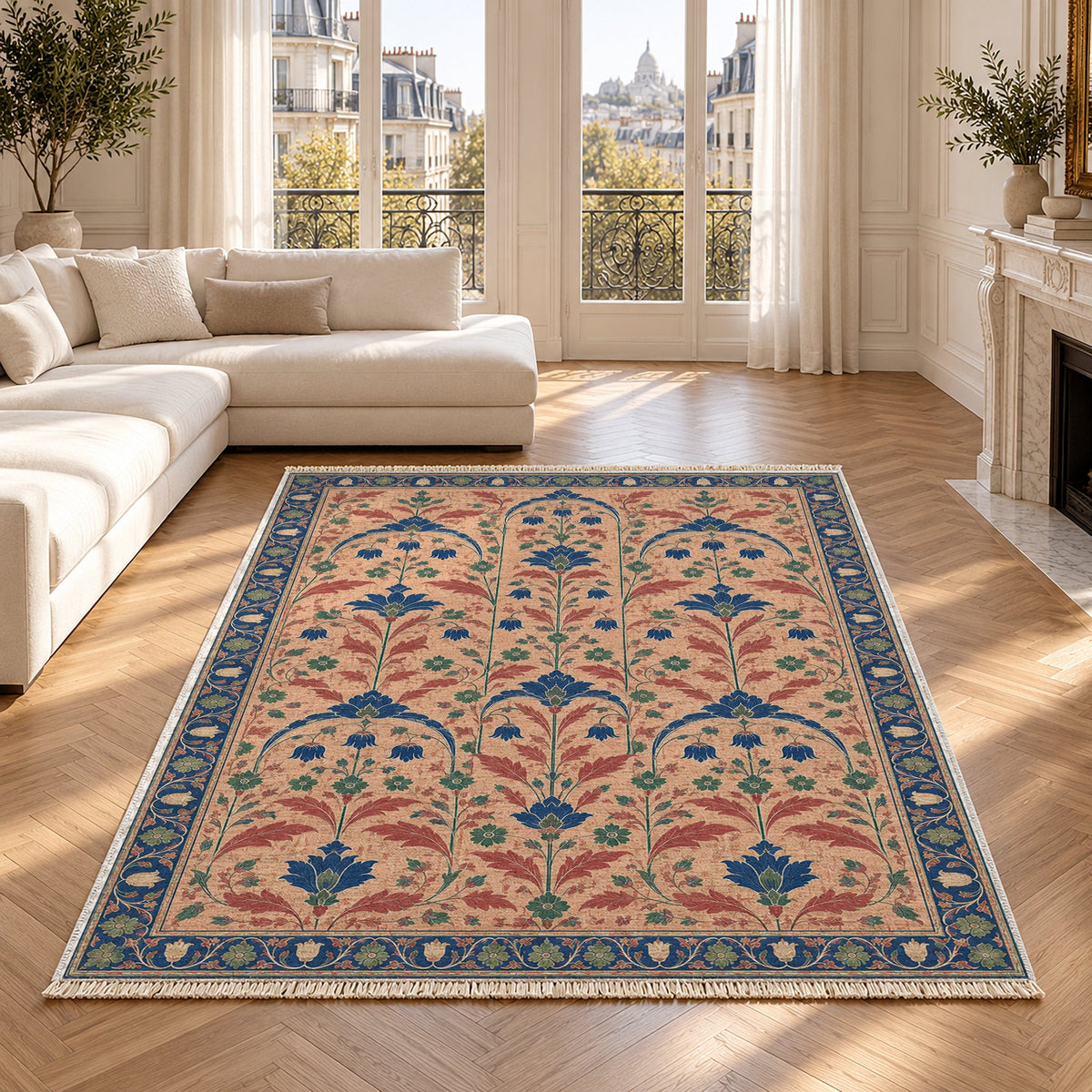 Faded Floral Arcades Peach, Cobalt & Jade washable rug in a Paris living room