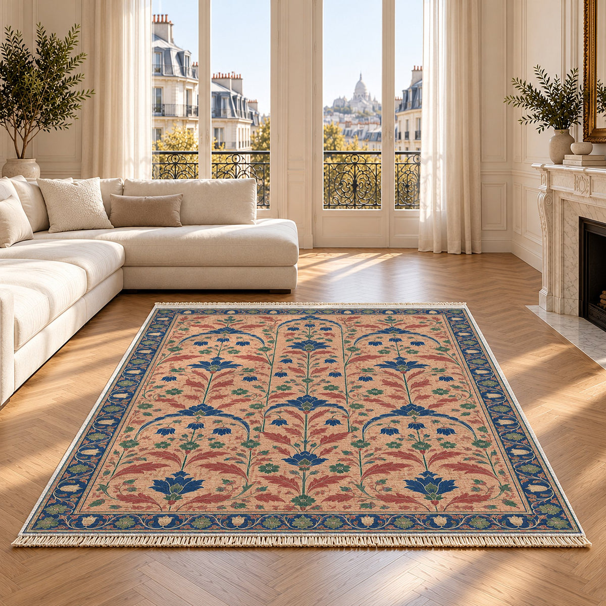 Faded Floral Arcades Peach, Cobalt & Jade washable rug on an oak floor
