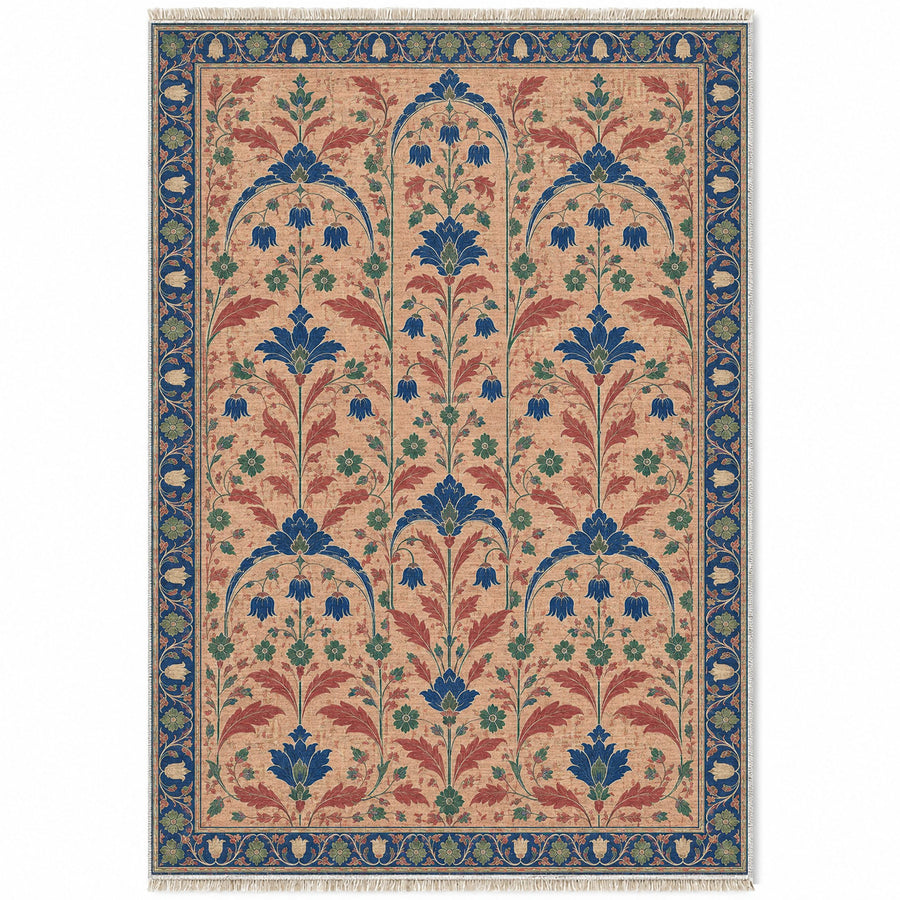 Faded Floral Arcades Peach, Cobalt & Jade Distressed Washable Rug