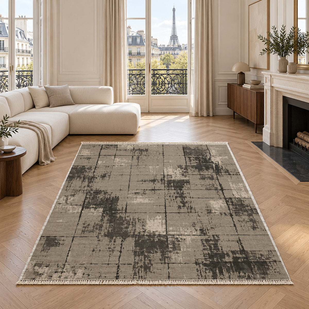 Faded Grid Greige & Charcoal washable rug in a living room with an Eiffel Tower view