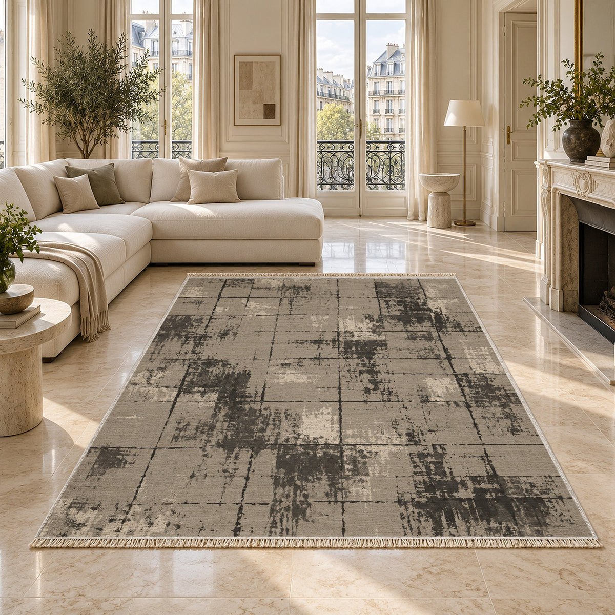 Faded Grid Greige & Charcoal washable rug on a marble floor