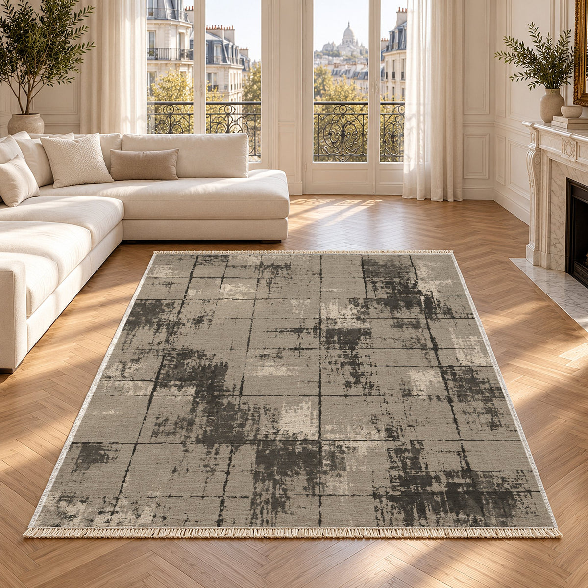 Faded Grid Greige & Charcoal washable rug in a Paris living room