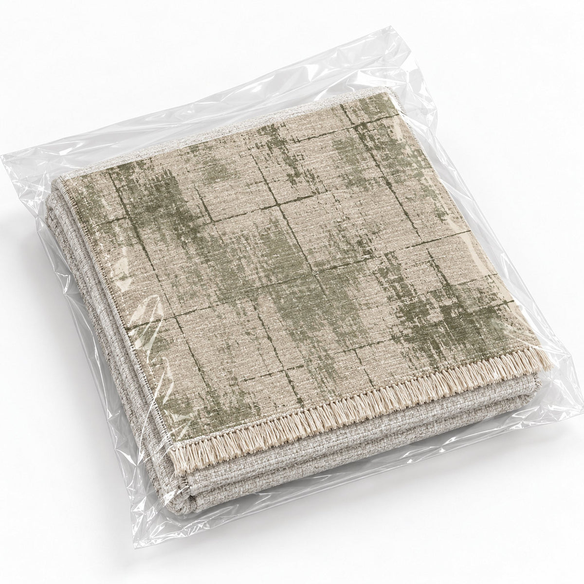 Faded Grid Ivory & Sage washable rug rolled and packaged