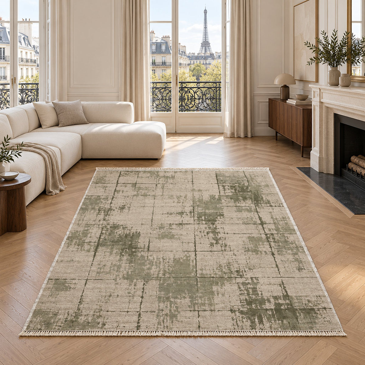 Faded Grid Ivory & Sage washable rug in a living room with an Eiffel Tower view